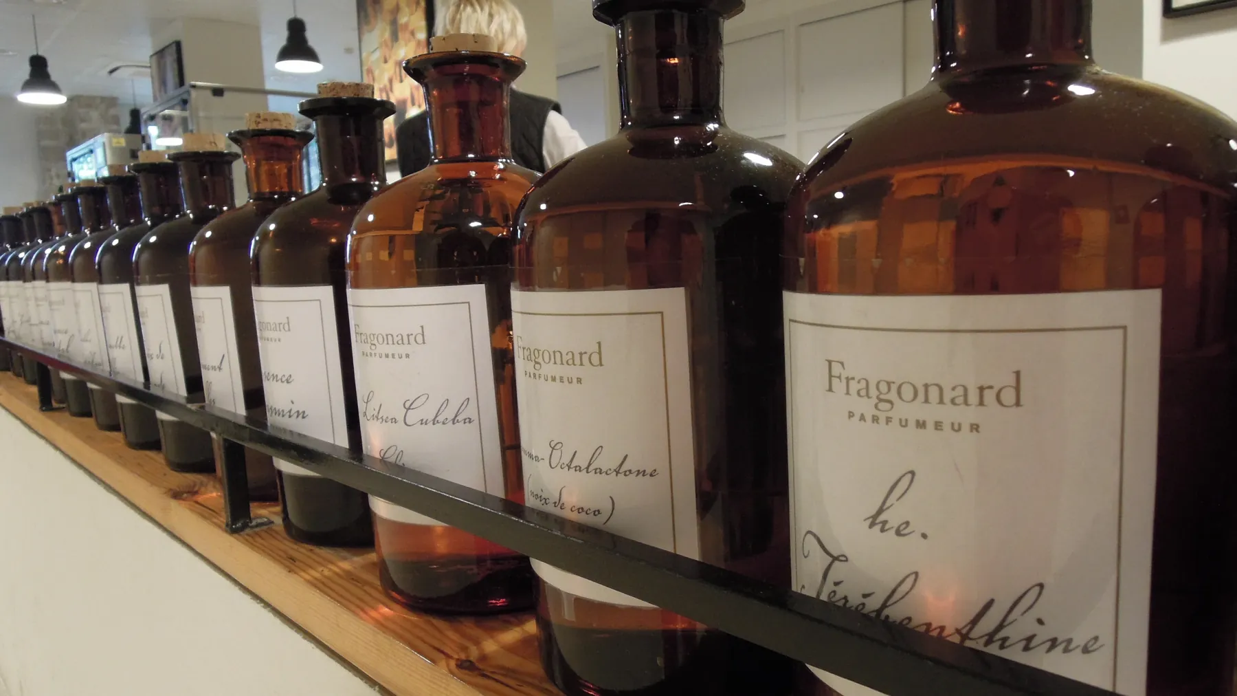 Perfume bottles lined up at a perfumer’s in Grasse