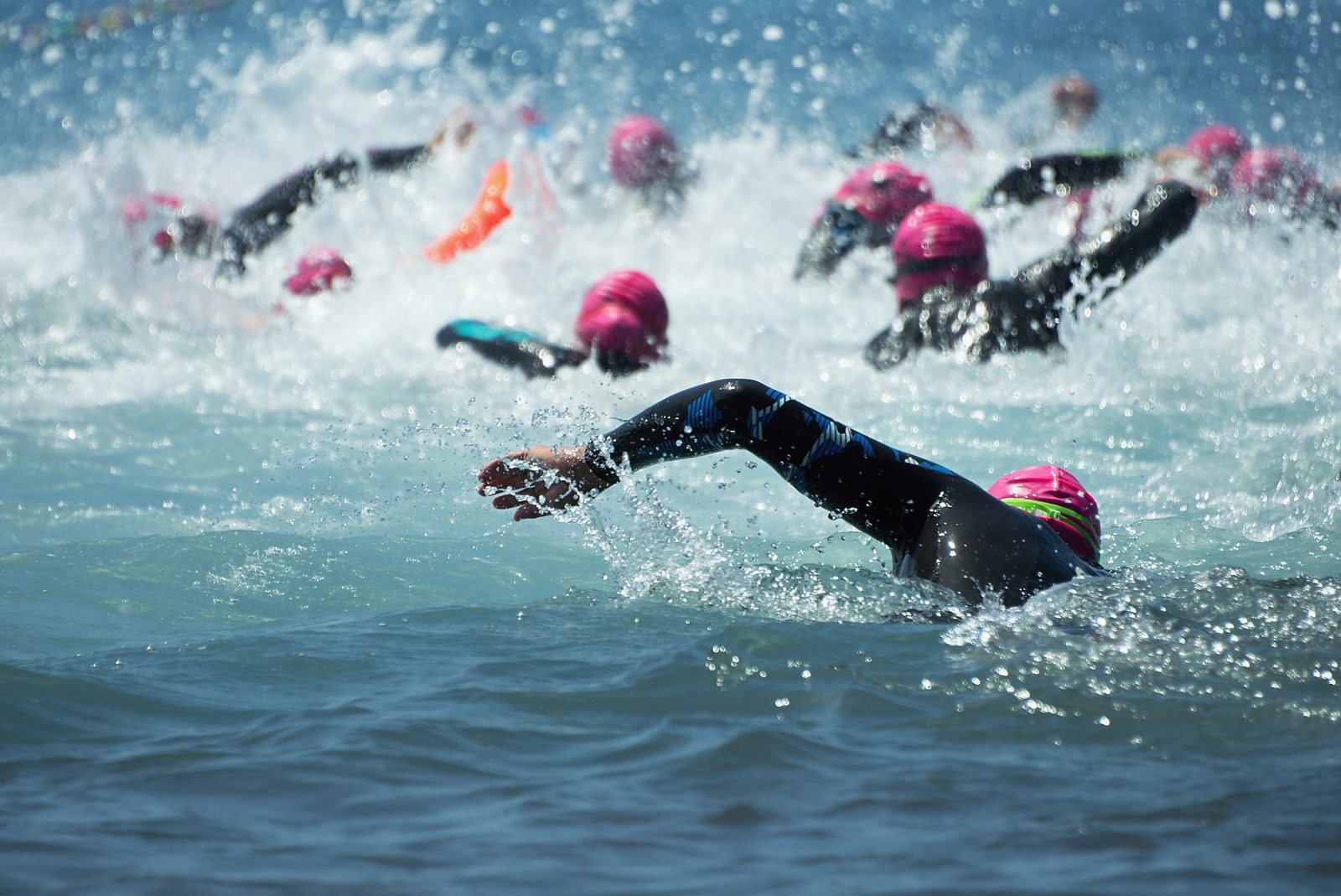 Open-water swimmers at the start of a triathlon