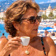 Rosine, one of the five fictional Mametas, with an espresso on the Promenade des Anglais in Nice