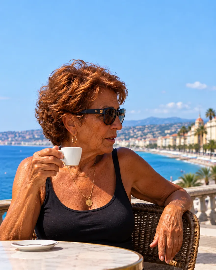 Odette, a fictional Mameta with auburn hair, holding an espresso on a café terrace above the Baie des Anges