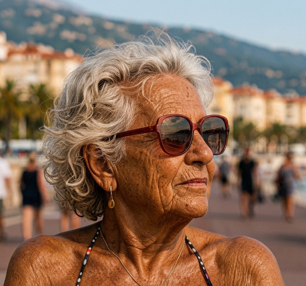 Portrait of a fictional matriarch wearing red sunglasses